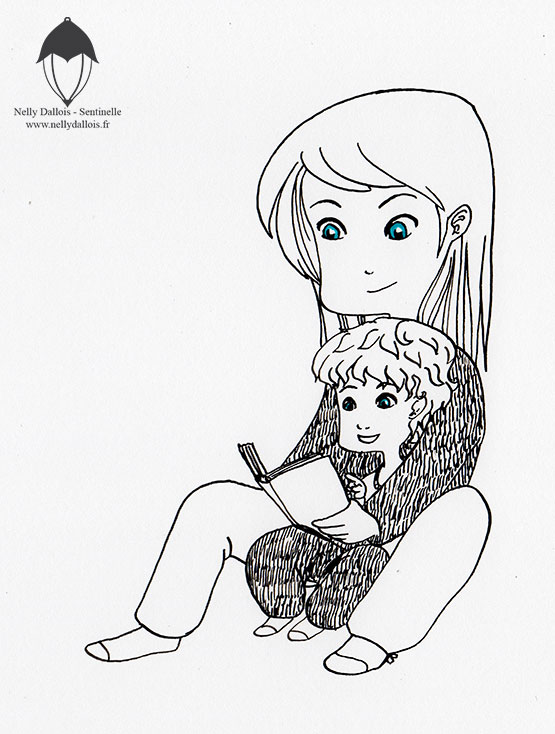 Mère et fils, assis en tailleur, lisent un livre ensemble. Dessin au stylo feutre noir, pointe fine.