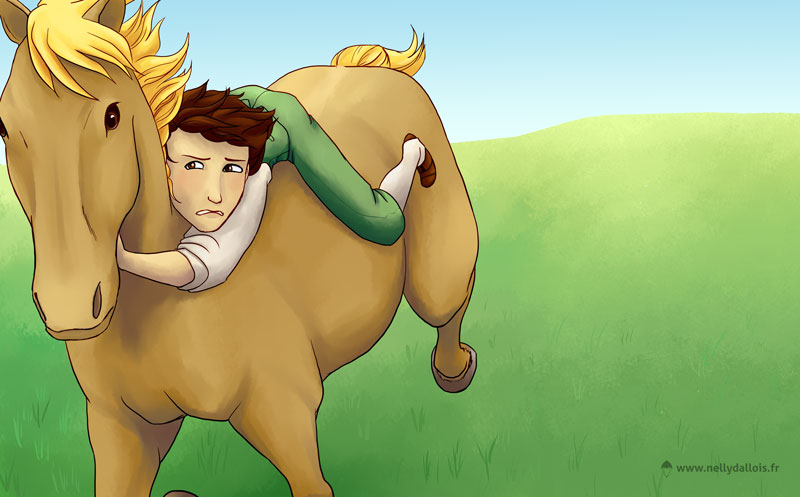 Éden se cramponne à un cheval lancé au galop.