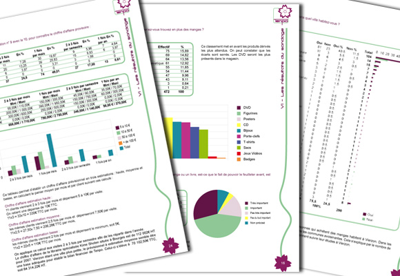 Différentes page du dossier de présentation du projet Tenpo contenant des tableau, des statistiques et du texte.