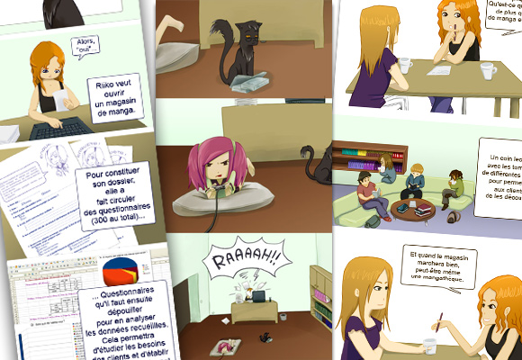 Quelques exemple de strips BD réalisés pour le blog du projet. Ils parlent de la mise en place du projet.
