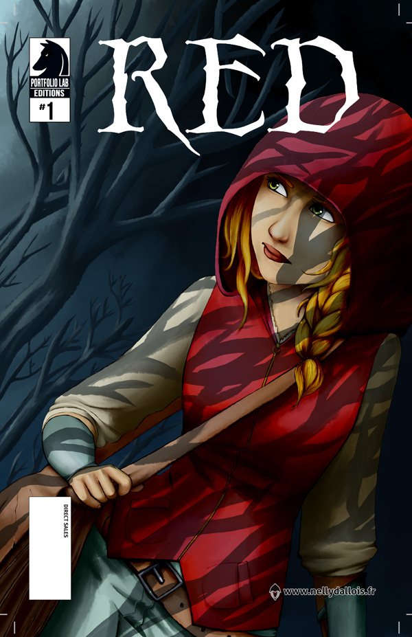 Illustration au format comics, titré ’Red’, avec un encart portant le logo ’Portfoliolab édition’. Un personnage avec une veste à capuche et une besace avance prudemment dans une forêt sombre d’arbres nus.