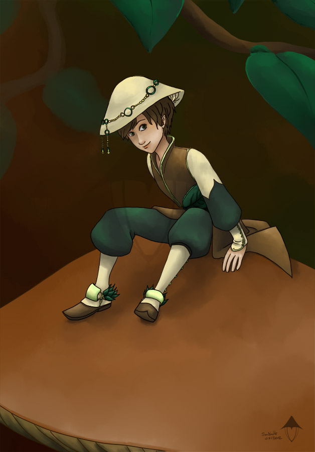 Jeune homme miniature avec un chapeau en forme de chapeau de champignon, assis sur un gros champignon.
