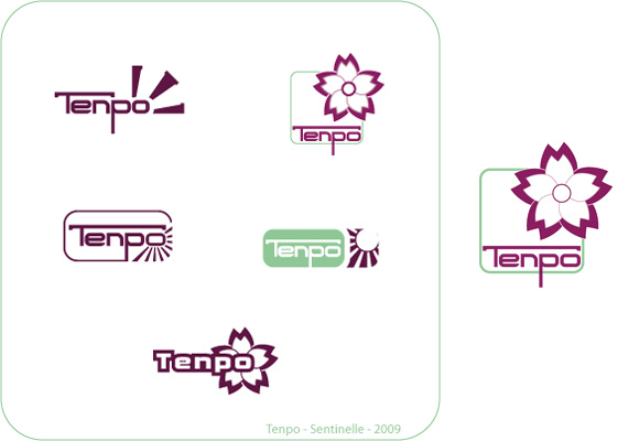 Différentes proposition pour le logo Tenpo, faisant référence au soleil ou aux fleurs de cerisier. Celui retenu comporte une fleur de cerisier.